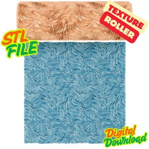 Puede incluir: Un rodillo de textura cilíndrico de color tostado con un patrón complejo de ondas arremolinadas. Debajo del rodillo hay una muestra cuadrada azul que muestra la impresión del patrón. El texto dice STL FILE, TEXTURE ROLLER, DIGITAL DOWNLOAD.
