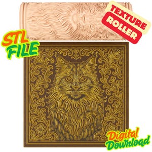 Puede incluir: Un rodillo de textura cilíndrico beige con un patrón en relieve de una cara de gato, colocado sobre un azulejo cuadrado marrón con una ilustración dorada en relieve de un gato rodeado de volutas florales. El texto dice STL FILE, TEXTURE ROLLER, DIGITAL DOWNLOAD.