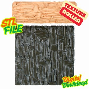 May include: A beige cylindrical texture roller featuring a raised, irregular pattern and a square black base with a matching embossed surface. The image includes the text "STL FILE", "TEXTURE ROLLER", and "Digital Download" in colourful lettering.
