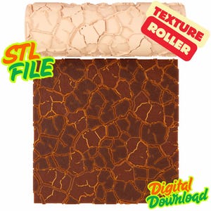 Peut inclure: Un rouleau à texture cylindrique beige présentant un motif de terre craquelée, accompagné d'un échantillon numérique du design en brun foncé avec des fissures orange. L'image inclut le texte "STL FILE", "TEXTURE ROLLER" et "Digital Download".
