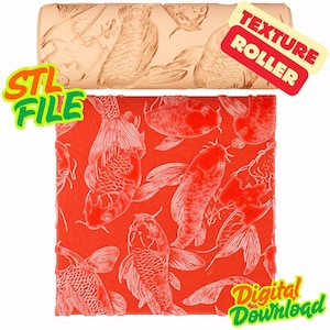 May include: A beige cylindrical texture roller featuring an embossed koi fish pattern, accompanied by a red square sample showing the koi fish design. The image includes the text "TEXTURE ROLLER", "STL FILE", and "Digital Download".