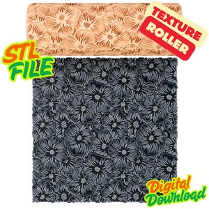 May include: A cylindrical texture roller with a light wood-colored surface featuring an intricate floral pattern. Below the roller is a square sample showing the same floral design in black and white. Text on the image reads STL FILE, TEXTURE ROLLER, and Digital Download.