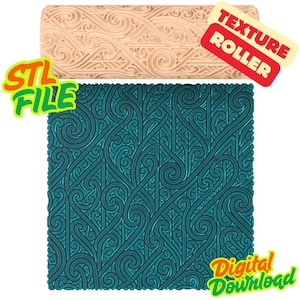 May include: A beige cylindrical texture roller featuring an intricate, raised swirling pattern. Below the roller is a square teal surface displaying the same embossed, continuous wave-like design. The image includes text reading STL FILE, TEXTURE ROLLER, and DIGITAL DOWNLOAD.