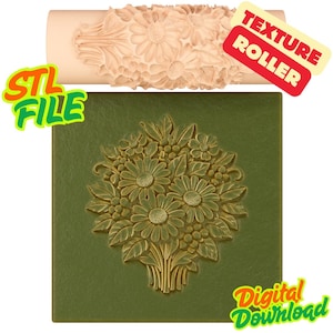 May include: A beige cylindrical texture roller featuring a raised floral pattern and a square green tile with an embossed bouquet of daisies and leaves. The image includes the text "STL FILE", "TEXTURE ROLLER", and "Digital Download".