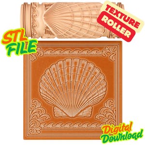 May include: A light brown cylindrical texture roller featuring a carved seashell and wave pattern, positioned above a square tile with an identical embossed seashell design. The image includes the text "TEXTURE ROLLER", "STL FILE", and "Digital Download".