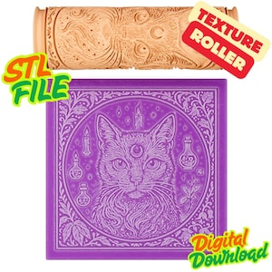 May include: A tan cylindrical texture roller featuring an engraved cat face design and a square purple tile with a raised relief of a cat surrounded by candles, bottles, and foliage. The image includes the text STL FILE, TEXTURE ROLLER, and DIGITAL DOWNLOAD.