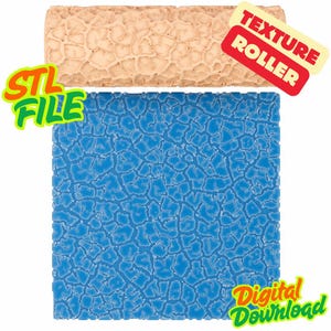 Peut inclure: Un rouleau à texture cylindrique beige avec un motif de surface craquelé et irrégulier, placé au-dessus d'un bloc bleu carré présentant la même texture. L'image comporte des étiquettes de texte indiquant STL FILE, TEXTURE ROLLER et Digital Download.