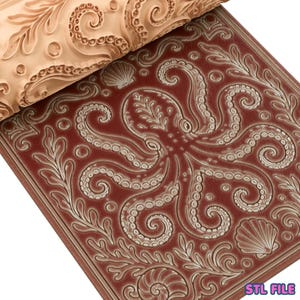 May include: A cylindrical rolling pin with a carved octopus and seashell pattern, shown alongside a flat, reddish-brown clay slab embossed with the same detailed marine design. The text "STL FILE" is printed in the bottom right corner of the image.