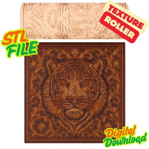 Puede incluir: Un rodillo de textura cilíndrico de color beige con un intrincado patrón de cara de tigre y volutas, acompañado de una impresión digital cuadrada que muestra el mismo diseño de tigre en marrón oscuro y naranja. Texto: STL FILE, TEXTURE ROLLER, DIGITAL DOWNLOAD.