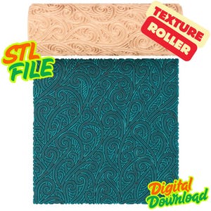 May include: A beige cylindrical texture roller featuring a raised swirling pattern and a square teal sample showing the same intricate wave design. The image includes the text STL FILE, TEXTURE ROLLER, and Digital Download in bright colors.