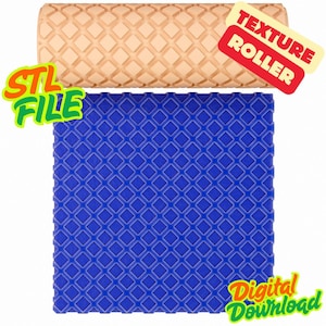 May include: A beige cylindrical texture roller with a diamond pattern and a blue square sheet featuring a matching embossed diamond grid. The image includes the text "STL FILE", "TEXTURE ROLLER", and "Digital Download" in colourful stylised fonts.