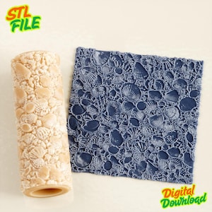 May include: A cylindrical beige roller featuring a raised seashell texture and a square blue sheet displaying the same embossed seashell pattern. The text STL FILE appears in the top left corner and Digital Download in the bottom right corner.