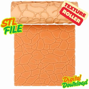 Peut inclure: Un rouleau à texture cylindrique orange clair présentant un motif de pierre irrégulier, accompagné d'un échantillon carré du même motif. L'image inclut le texte "TEXTURE ROLLER", "STL FILE" et "Digital Download" en plusieurs couleurs.