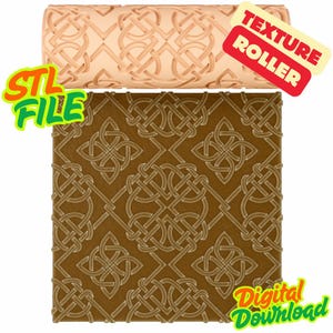 May include: A light peach-coloured cylindrical texture roller featuring a raised Celtic knot pattern, positioned above a square brown surface displaying the same embossed knot design. The image includes text labels reading TEXTURE ROLLER, STL FILE, and DIGITAL DOWNLOAD.