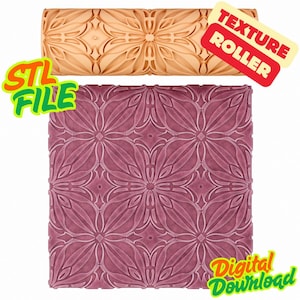 May include: A cylindrical tan texture roller featuring a repeating floral pattern, positioned above a square purple surface embossed with the same design. The image includes the text "STL FILE", "TEXTURE ROLLER", and "Digital Download" in bright colors.