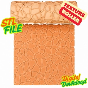 Peut inclure: Un rouleau à texture cylindrique orange clair avec un motif de terre craquelée, accompagné d'un échantillon carré du même design. L'image contient le texte "STL FILE", "TEXTURE ROLLER" et "Digital Download" en plusieurs couleurs.