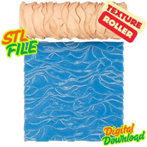 May include: A beige cylindrical texture roller featuring a wavy, rippled surface pattern positioned above a square blue tile with a matching embossed water-like wave design. The image includes text labels reading STL FILE, TEXTURE ROLLER, and DIGITAL DOWNLOAD.