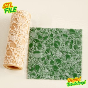 May include: A cylindrical beige textured roller tool featuring a raised seashell pattern alongside a square green slab of material embossed with the same detailed seashell design. The image includes the text STL FILE and Digital Download.