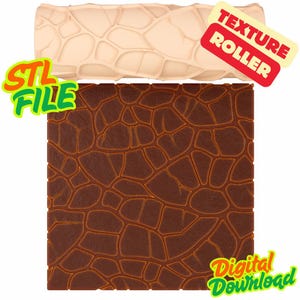 Peut inclure: Un rouleau à texture cylindrique beige présentant un motif en pierre craquelée irrégulière en relief. Sous le rouleau se trouve un échantillon carré du motif en brun foncé, montrant l'effet gaufré. Le texte indique STL FILE, TEXTURE ROLLER, DIGITAL DOWNLOAD.