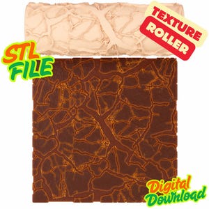 Peut inclure: Un rouleau à texture cylindrique beige présentant un motif en relief de terre craquelée irrégulière. Sous le rouleau se trouve un échantillon carré montrant le design de surface craquelé brun foncé et orange. Le texte indique STL FILE, TEXTURE ROLLER, DIGITAL DOWNLOAD.