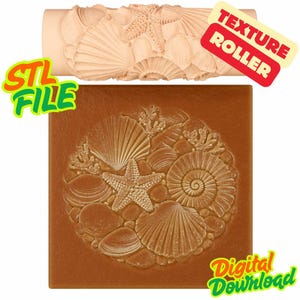 May include: A beige cylindrical texture roller featuring a raised relief pattern of various seashells and a starfish, paired with a square brown tile showing the same embossed seashell and starfish design. Text reads STL FILE, TEXTURE ROLLER, DIGITAL DOWNLOAD.