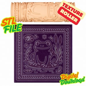 May include: A beige cylindrical texture roller featuring a raised frog pattern and a square purple tile with an embossed frog design, cattails, and water lilies. The image includes the text STL FILE, TEXTURE ROLLER, and DIGITAL DOWNLOAD.
