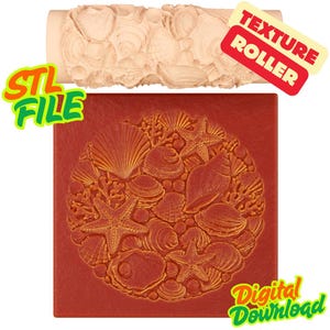 May include: A beige cylindrical texture roller featuring a raised seashell and starfish pattern, paired with a square red tile showing the same embossed marine design. The image includes the text STL FILE, TEXTURE ROLLER, and DIGITAL DOWNLOAD.