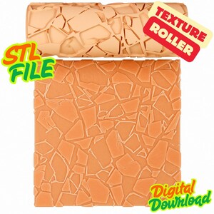 Peut inclure: Un rouleau à texture cylindrique orange clair présentant un motif de pierre craquelée, accompagné d'un échantillon carré du même motif. L'image inclut le texte "STL FILE", "TEXTURE ROLLER" et "Digital Download" en plusieurs couleurs.