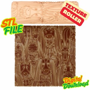 Può includere: Un rullo per texture cilindrico color marrone chiaro con un motivo ripetuto di vari volti di cani con pelo lungo e tratti distinti. Il testo STL FILE, TEXTURE ROLLER e DIGITAL DOWNLOAD è visibile insieme a un campione di colore marrone.