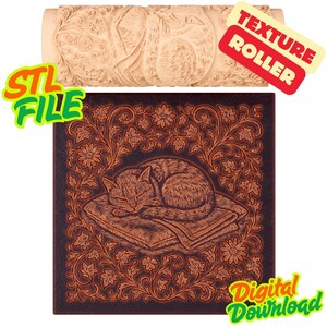 May include: A beige cylindrical texture roller featuring an engraved sleeping cat design, accompanied by a square dark brown tile showing the same embossed cat pattern surrounded by intricate floral vines. Text includes STL FILE, TEXTURE ROLLER, and DIGITAL DOWNLOAD.