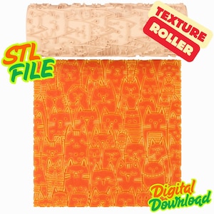Op de afbeelding: Een cilindrische textuurroller met een herhalend kattenpatroon, vergezeld van een plat oranje rechthoekig monster dat het reliëf kattenontwerp toont. De afbeelding bevat tekstlabels met de tekst STL FILE, TEXTURE ROLLER en DIGITAL DOWNLOAD.