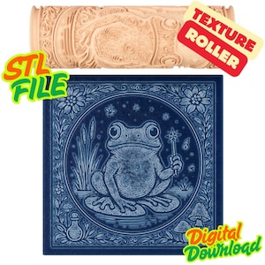 May include: A beige cylindrical texture roller featuring an embossed frog design, paired with a square blue tile showing a detailed white line art illustration of a frog holding a star wand, with text reading STL FILE, TEXTURE ROLLER, DIGITAL DOWNLOAD.