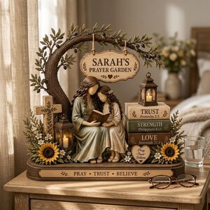 Könnte beinhalten: Eine dekorative Tischskulptur, die eine Mutter und ein Kind beim Lesen unter einem Olivenbaum zeigt. Ein hängendes Schild trägt die Aufschrift SARAH'S PRAYER GARDEN. Der Sockel enthält ein Kreuz, Laternen, Sonnenblumen und Bücher mit den Titeln TRUST, STRENGTH, LOVE.