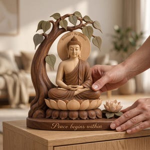 2D Trä Buddha Meditation Dekor: Fridfullt Lotusträd (Personlig)