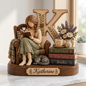 Könnte beinhalten: Eine dekorative Figur, die eine Person zeigt, die in einem Sessel ein Buch liest, neben einem großen Buchstaben K, einem Bücherstapel mit der Aufschrift Just A Girl Who Loves Books, einer Tasse, einer Blumenvase und einer schlafenden Katze.