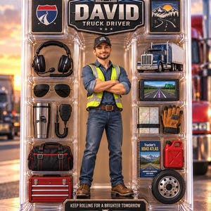 May include: A collectible action figure set titled David Truck Driver in clear plastic packaging. Includes a figure in a high-visibility vest, headphones, sunglasses, tumbler, radio, duffel bag, toolbox, truck model, GPS, map, gloves, atlas, fuel can, and tire.