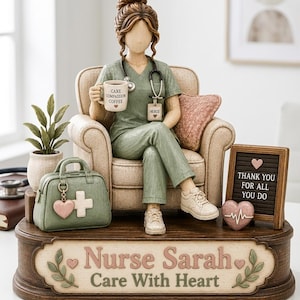 Könnte beinhalten: Eine Figur einer Pflegekraft in einem beigen Sessel, bekleidet mit grüner Arbeitskleidung und Turnschuhen. Die Person hält eine Tasse mit der Aufschrift CARE COMPASSION COFFEE. Zubehör umfasst eine Arzttasche, ein Schild mit THANK YOU FOR ALL YOU DO und einen Sockel mit dem Text Nurse Sarah Care With Heart.
