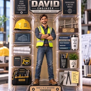 May include: A collectible action figure set titled David Engineer in clear plastic packaging. The set includes a figure in a high-visibility vest, a yellow hard hat, a laptop, blueprints, a calculator, a tape measure, a tool bag, a bridge model, books, a mug, a pencil cup, a plant, a drafting tool, and notes.