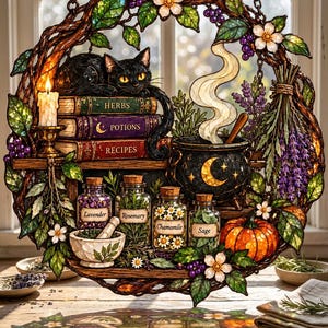 Peut inclure: Un attrape-soleil circulaire en vitrail représentant un chat noir couché sur des livres intitulés Herbs, Potions et Recipes. En dessous se trouvent des bocaux de lavande, romarin, camomille et sauge, un mortier, un chaudron et une citrouille.
