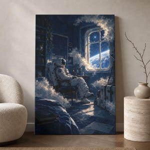 May include: A vertical wall art print depicting an astronaut in a white space suit sitting in a chair inside a room filled with clouds. A large window reveals a view of outer space and a planet. Bookshelves, a telescope, and a trunk are visible.