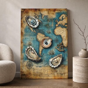 May include: A rectangular wall art piece featuring a vintage-style world map with a blue ocean and tan continents. Four oyster shells are attached to the surface, each containing a single pearl in blue, black, white, or cream. A sextant is also visible.
