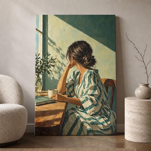 May include: An oil painting on canvas depicting a person with dark hair in a bun, wearing a white and teal striped robe, sitting at a wooden table by a window. The person holds a white mug next to a book, with sunlight casting shadows across the wall.