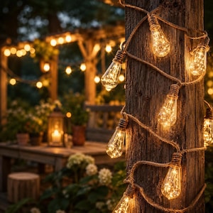 Op de afbeelding: Een lichtsnoer met heldere, peervormige glazen lampen met zichtbare interne draadfilamenten, gewikkeld rond een verweerde, donkerbruine houten paal. De lampen verspreiden een warme, gouden gloed en zorgen voor een zachte verlichting in de omgeving.