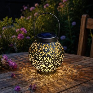May include: A spherical metal lantern with a dark finish and intricate floral cutouts that emit a warm yellow glow. The lantern features a top handle and a solar panel integrated into the lid, casting detailed light patterns onto the surface below.