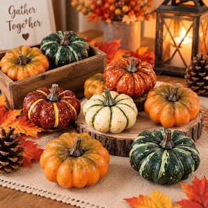 May include: A collection of decorative artificial pumpkins in various colours including orange, dark green, cream, and deep red. The pumpkins feature realistic textures, stems, and speckled patterns, arranged in and around a wooden crate and on a wood slice.
