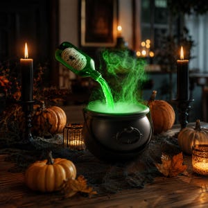 Könnte beinhalten: Ein schwarzer Kessel mit Henkel, in den eine grüne Flüssigkeit aus einer grünen Glasflasche mit der Aufschrift Witch's Brew gegossen wird. Die Flüssigkeit erzeugt einen leuchtend grünen Rauch, der aus dem Kessel aufsteigt, umgeben von Kürbissen und Kerzen.