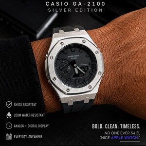 G-Shock GA-2100 Silver Casioak AP Style Mod | Black Dial | Black Silicone Band | Luxury Watch