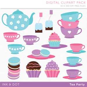 Tea Party Clipart, Kitchen, Teacup, Teapot, Tea, Morning Tea, Cupcakes, Macarons, Teabags, Cake, Party Clip Art - Commercial & Personal