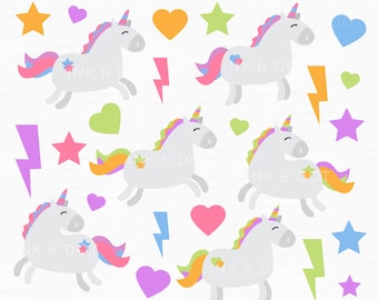 Unicorn Clipart, Cute Unicorns, Unicorn Graphics, Hearts, Stars, Lightning, Pony, Horse, Rainbow Unicorns - Commercial & Personal