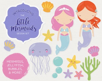 Mermaid Clipart, Mermaids Clip Art, Starfish, Jellyfish, Ocean, Mermaid Party, Shells, Sea, Little Mermaid Party - Commercial & Personal